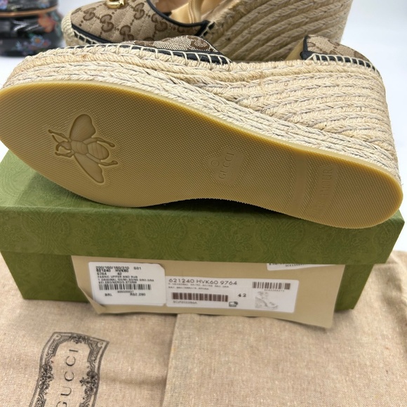Women’s Gucci, Pilar GG ankle tie, espadrille platform wedge sandal size 42 - Picture 7 of 11